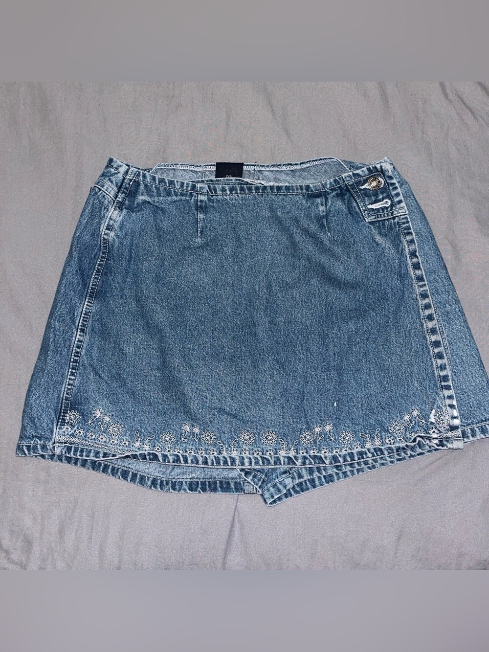 Vintage Route 66 Denim Skort with Embroidered Flower Hem